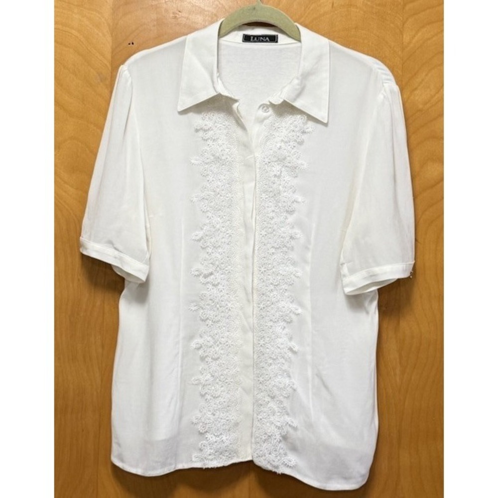 Luna Womens Lace Front Button Up Shirt Pearl Embellished Viscose Ivory Sz 42/M